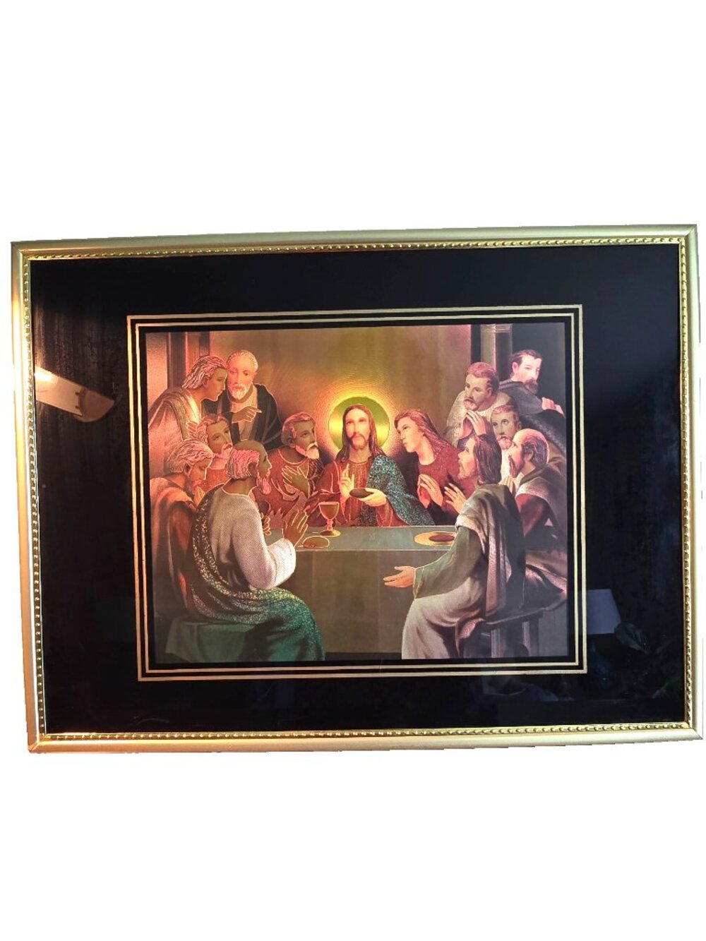 Vintage The Last Supper Framed Gold Tone Foil Art Religious 16 x 12 in MCM Style